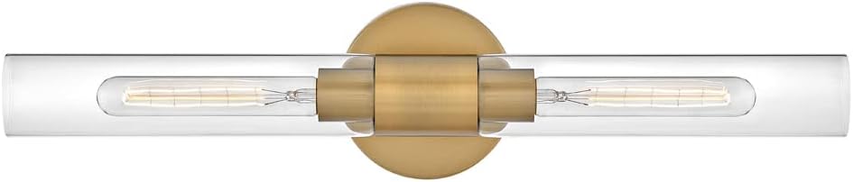 Lark Shea Two-Light Bath Vanity Fixture, Cylindrical Clear Glass Shades, Mount Vertically or Horizontally, Lacquered Brass