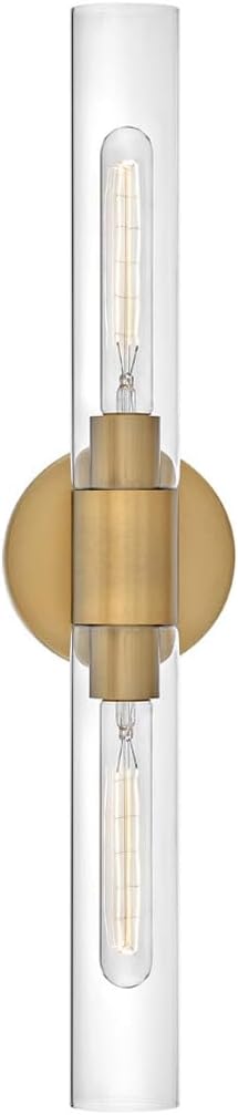 Lark Shea Two-Light Bath Vanity Fixture, Cylindrical Clear Glass Shades, Mount Vertically or Horizontally, Lacquered Brass