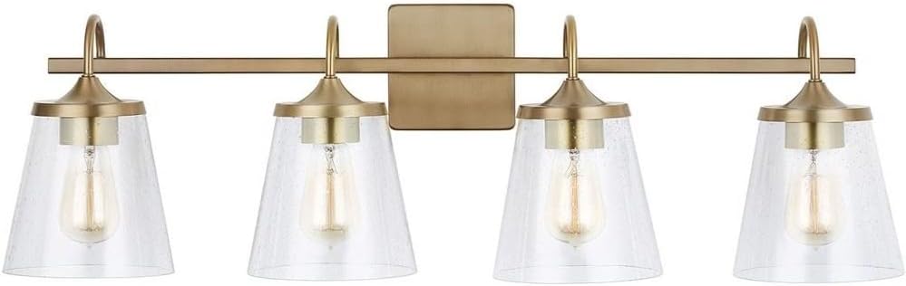 Capital Lighting 139142AD-496 Jayne Unique Rectangular Clear Seeded Glass Bath Vanity Wall Mount, 4-Light 400 Total Watts, 11' H x 33' W, Aged Brass