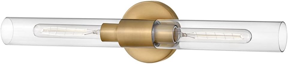 Lark Shea Two-Light Bath Vanity Fixture, Cylindrical Clear Glass Shades, Mount Vertically or Horizontally, Lacquered Brass