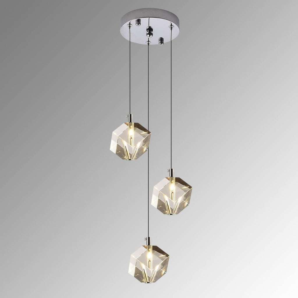 3 Lights Pendant Lighting, Chrome Cluster Pendant Light Fixture for Kitchen Island, Modern Small Cube Pendant Chandelier Hanging Light for Dining Room Bedroom Bathroom