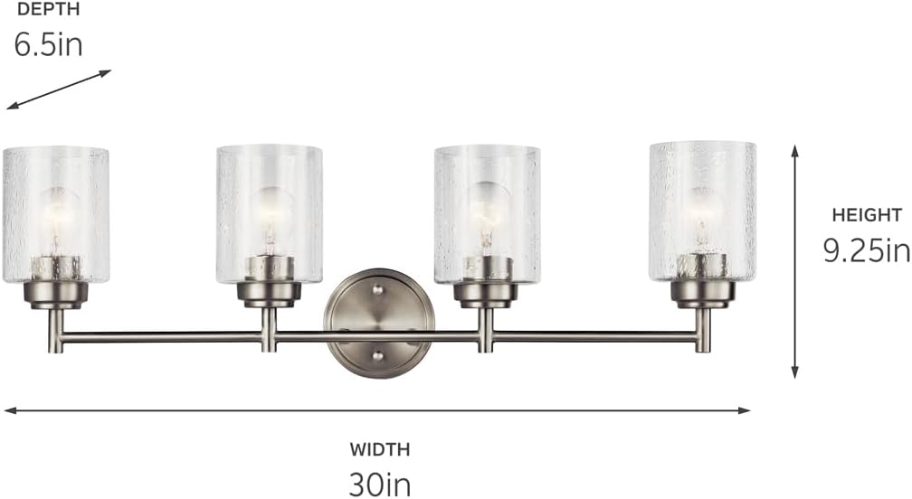 Kichler Winslow 30' Vanity Light in Brushed Nickel, 4-Light Transitional Bathroom Light with Clear Seeded Glass. (30' W x 9.25' H), 45887NI