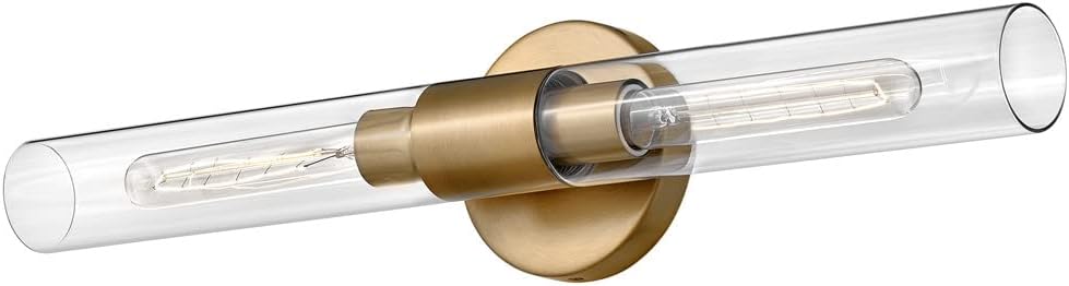 Lark Shea Two-Light Bath Vanity Fixture, Cylindrical Clear Glass Shades, Mount Vertically or Horizontally, Lacquered Brass