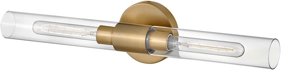 Lark Shea Two-Light Bath Vanity Fixture, Cylindrical Clear Glass Shades, Mount Vertically or Horizontally, Lacquered Brass