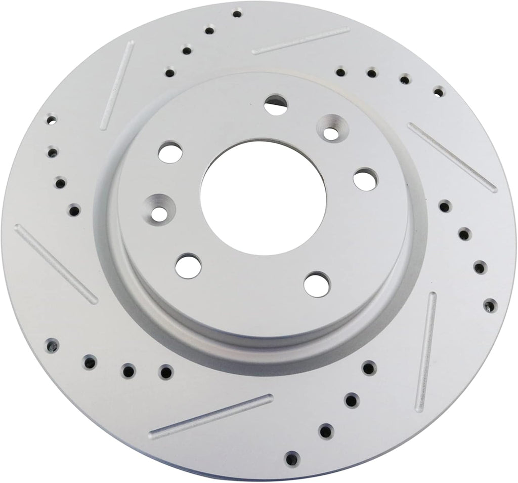 TRQ Performance Front and Rear Brake Rotor Set G Coated Drilled Slotted Compatible with 2014-2017 Nissan Leaf 2014-2020 Rogue 2017-2022 Rogue Sport