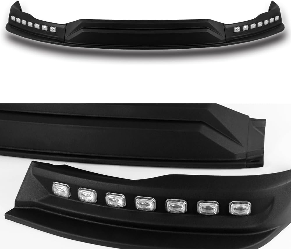 Stay-Tuned, Unpainted Black ABS Plastic Front Bumper Lip Spoiler Body Kit+LED Sequential Running Lights, Fit for 2019-2024 Dodge Ram 1500, Auto Exterior Accessory, 3PC (+Running Light)
