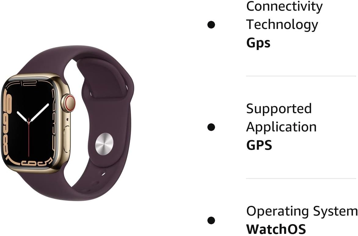 Apple Watch Series 7 (GPS + Cellular, 41mm) Gold Stainless Steel Case with Dark Cherry Sport Band, Regular (Renewed)