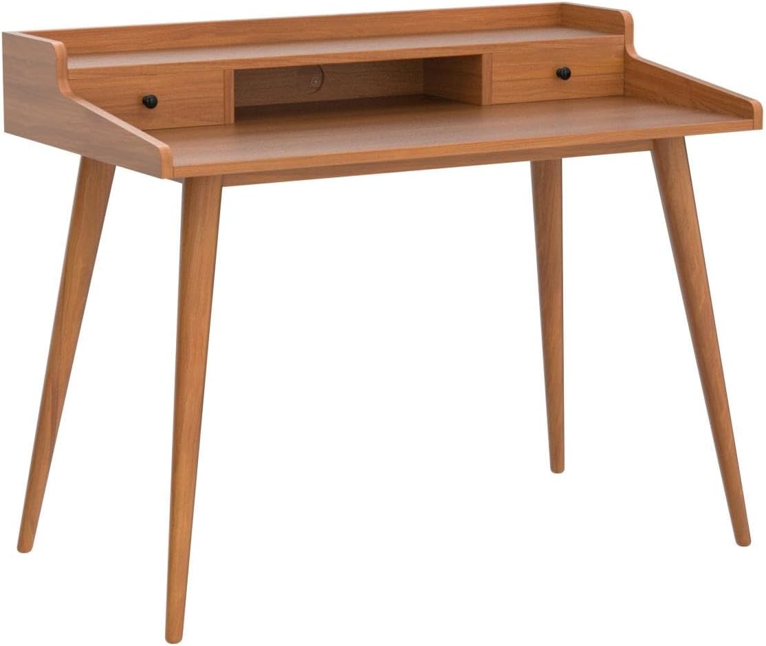 Mid Century Modern Desk, 41' Wood Home Office Writing Computer or Laptop Desk with Monitor Stand Riser and Open Storage Cubby, Vanity Desk with 2 Drawers