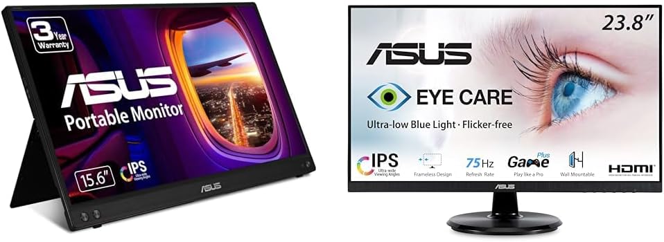 ASUS ZenScreen 15.6' 1080P Portable Monitor (MB16ACV) - Full HD, IPS, Eye Care, Flicker Free & VA24DQ 23.8' Monitor, 1080P Full HD, 75Hz, IPS, Adaptive-Sync/FreeSync, Eye Care