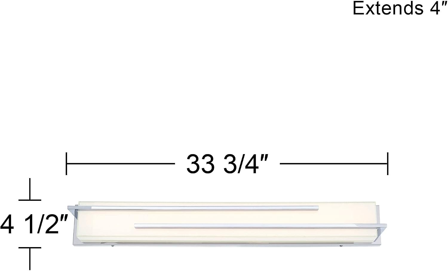 Possini Euro Design Jada Modern Wall Mount Light LED Chrome Silver Hardwired 33 3/4' Wide Light Bar Fixture Rectangular White Glass Shade for Bathroom Vanity Mirror House Home Room Decor