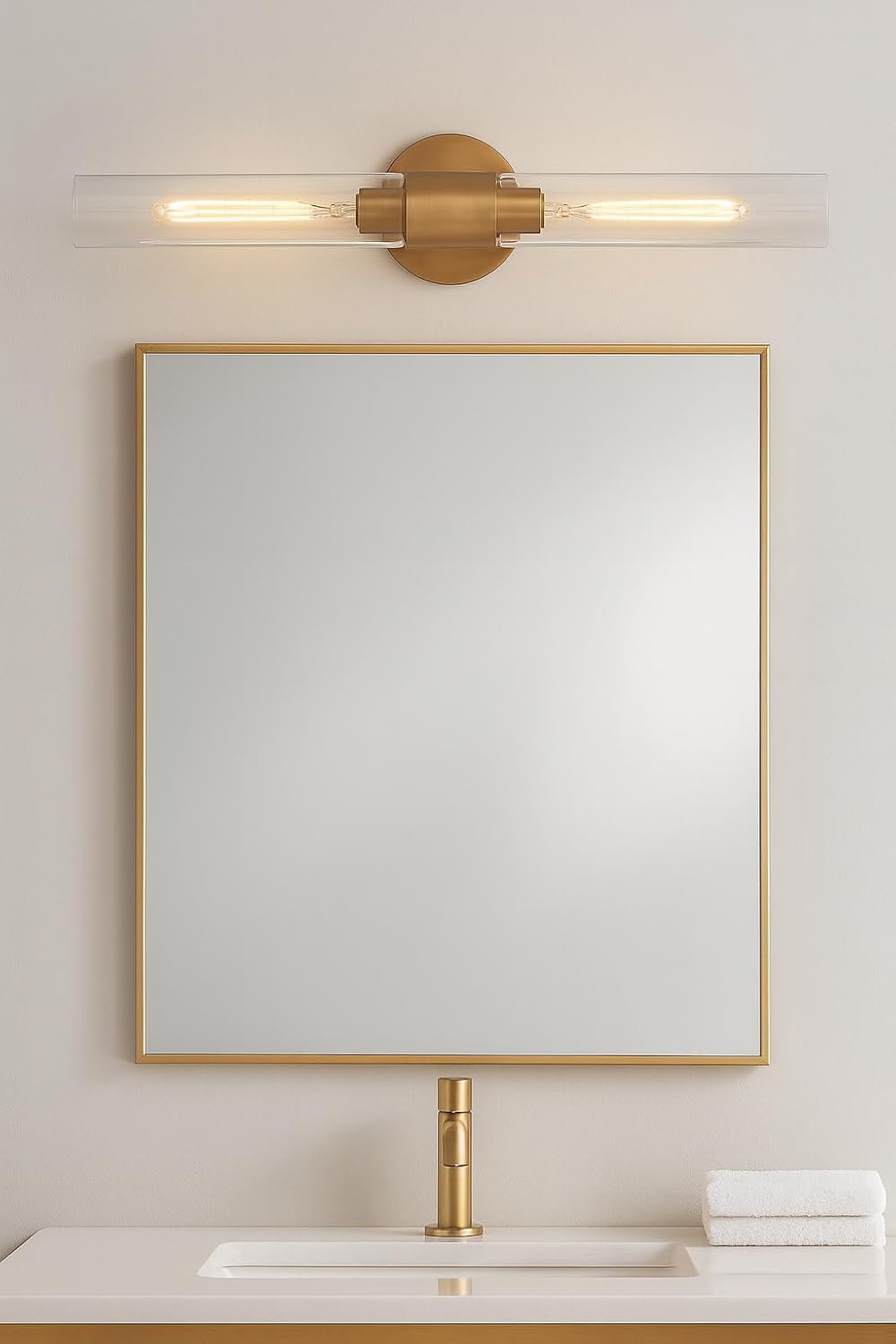 Lark Shea Two-Light Bath Vanity Fixture, Cylindrical Clear Glass Shades, Mount Vertically or Horizontally, Lacquered Brass