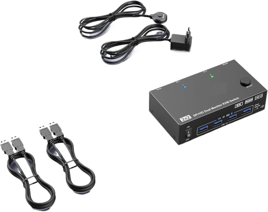 Dual Monitor KVM Switch 2 Port 8K@60Hz 4K@144Hz HDMI+DP USB 3.0 Switch Extended Display 2 Monitors 2 Computers(EU Power Plug)