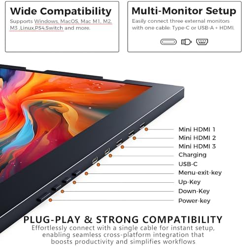 1080P Tri-Fold Laptop Extended Monitor,15.in Laptop Screen Extender Monitor,1-Cable Connection,for Win Mac Chrome Android Switch