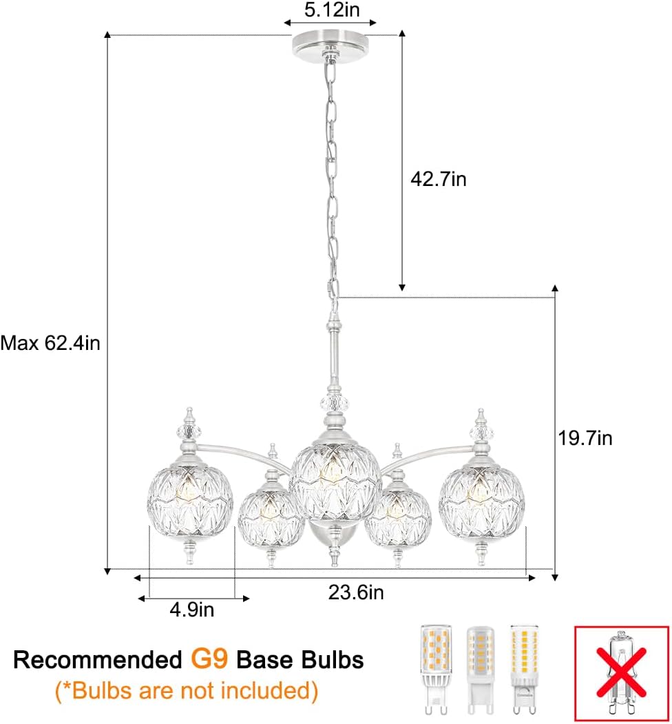 Vintage Brushed Nickel Chandelier - Adjustable Height Dining Room Light Fixture with Handcrafted Blown Glass - 5-Light G9 Base, Ideal for Kitchen, Entryway, Enhances Luxury Home Decor for Discerning
