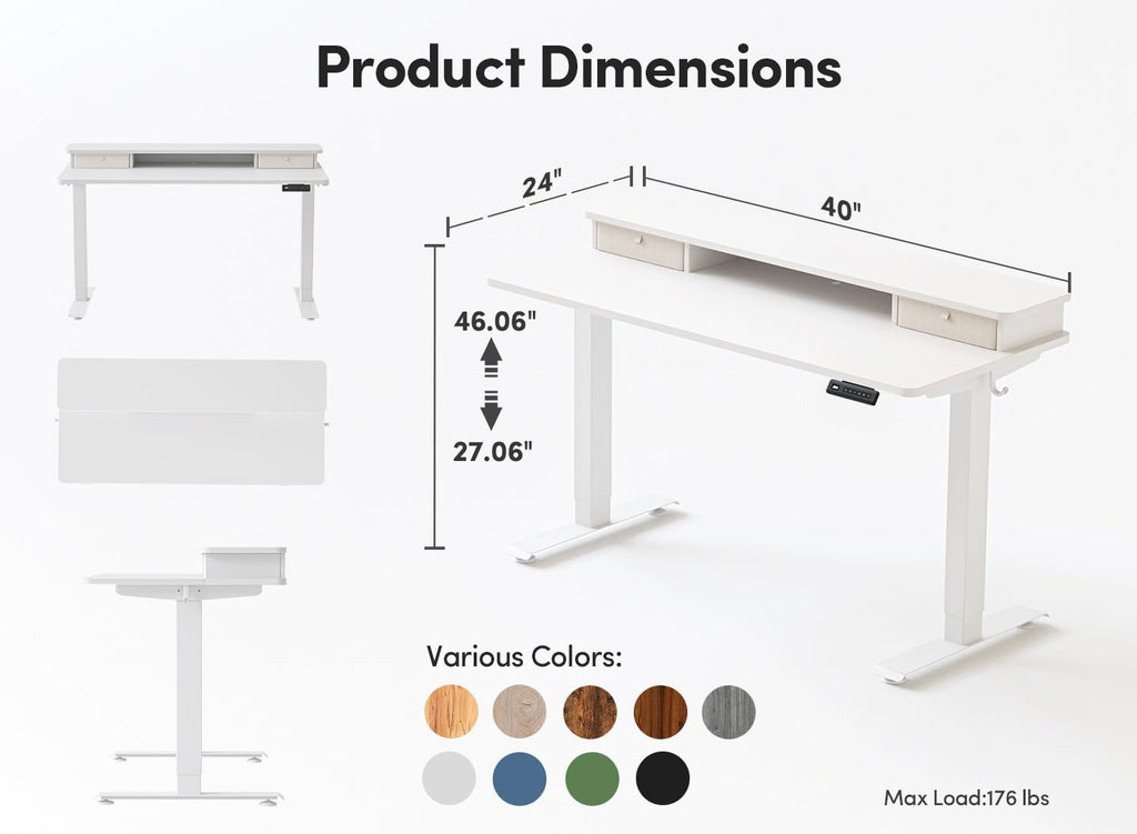 BANTI 40x24 Inch Electric Standing Desk with Dual Drawers, Height Adjustable Stand Up Table, Sit Stand Home Office Desk with Storage Shelf, White Frame/White Top