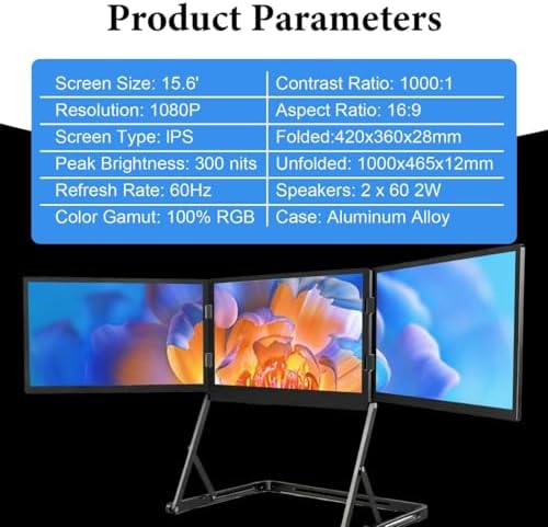 Tri-Screen Monitor Extender, 15.6in Lightweight FHD Portable Monitor, 1080P FHD IPS Display,HDMI/USB-C Pulg N Play,for Office