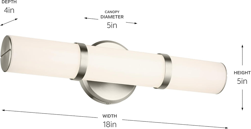 Kichler Rosh 18' LED Bathroom Vanity Light Fixture with White Glass in Brushed Nickel, Modern Minimalist Bath Bar for Mirror, Dimmable (18' W x 5' H), 55187NILED