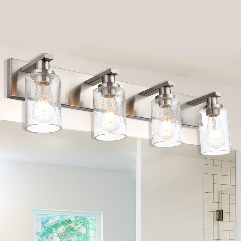 Modern Glass Bathroom Wall Light Fixtures in Brushed Nickel, Vanity Wall Mount Lighting with Seeded Glass Lampshades