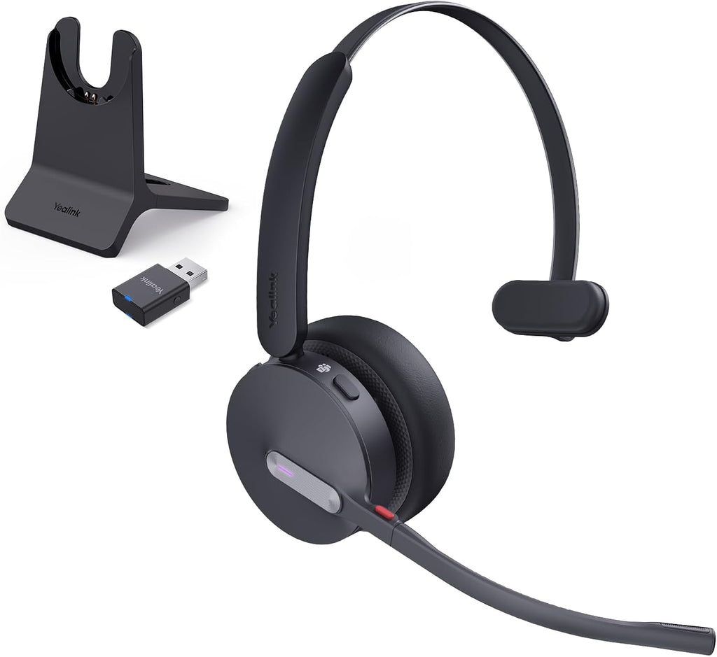 Yealink WH64 Hybrid Wireless Headset with Mic for Work, Mono Headset with Charge Stand, Bluetooth & DECT Dongle for PC/Computer/IP Phone/Cell Phones, Teams, Zoom, 492 ft Range, 26H Talk Time
