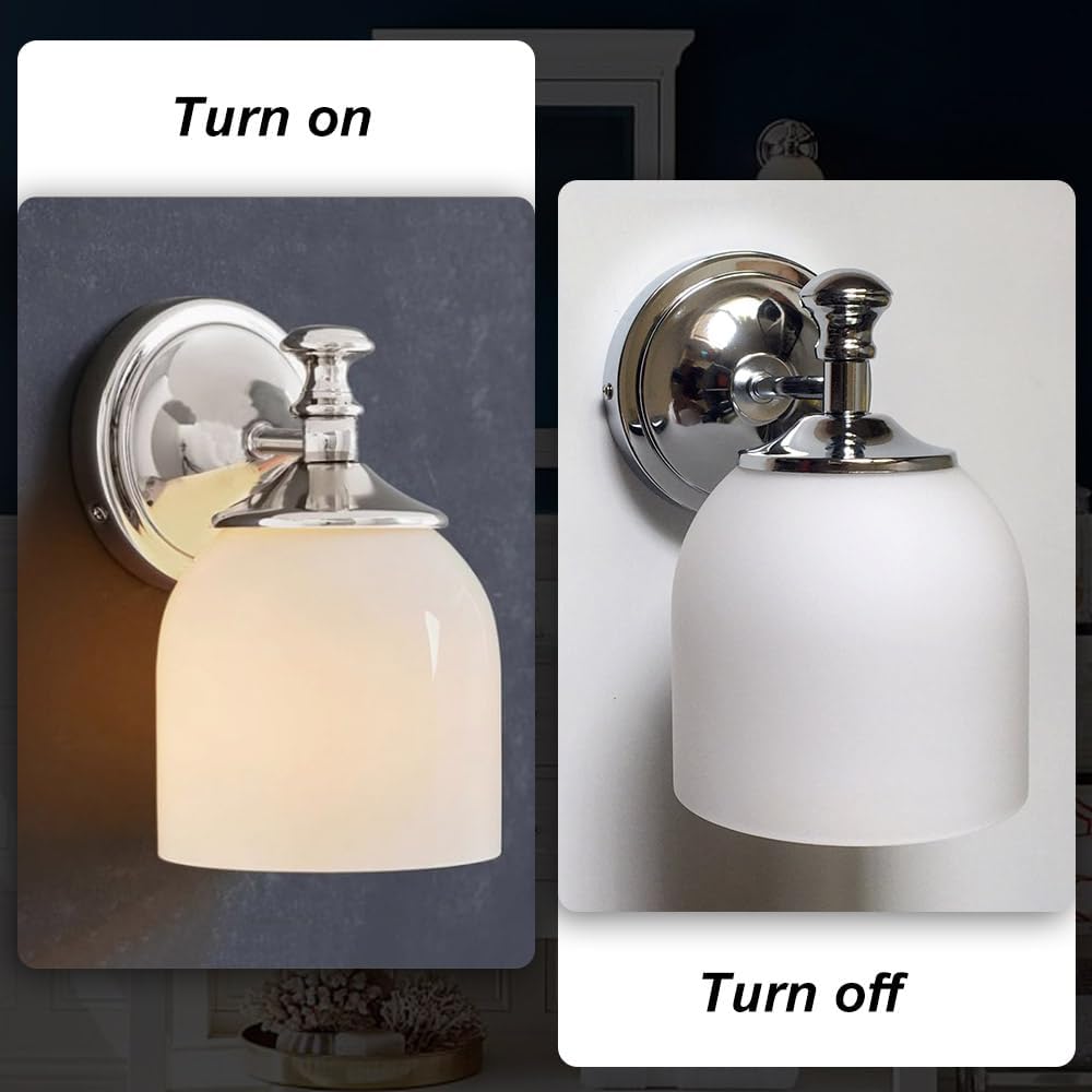 Chrome Bathroom Vanity Light Fixture, Silver Wall Sconce with White Glass Shade, Mid Century Modern Design for Mirror, Hardwired Lighting for Kitchen, Bedroom, Hallway