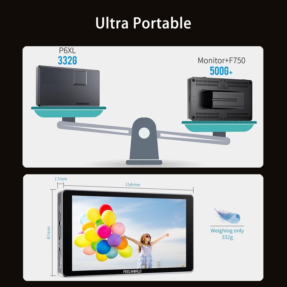FEELWORLD P6XL 6 Inch Camera Monitor, 1200nit IPS Touch Screen 1920x1080 Built-in 3000mAh Battery Camera Field Monitor with Sunshade, Video Assist HDR Waveform Focus Peaking 3D LUT 4K HDMI