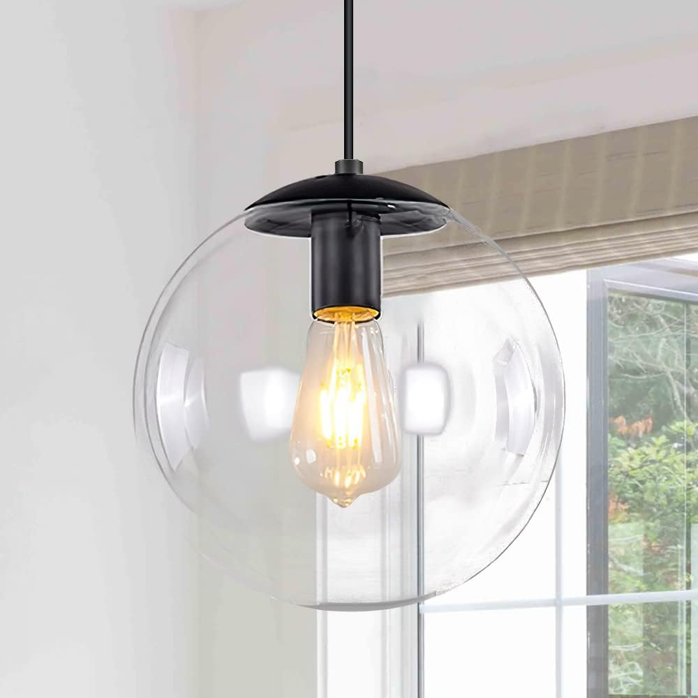 KoKo&Yukina 8' Black Glass Globe Modern Pendant Lights 2 Pack Mid Century Clear Glass Pendant Light Fixtures Adjustable Hanging Pendant Lighting for Kitchen Island Bedroom Hallway Bulbs Included