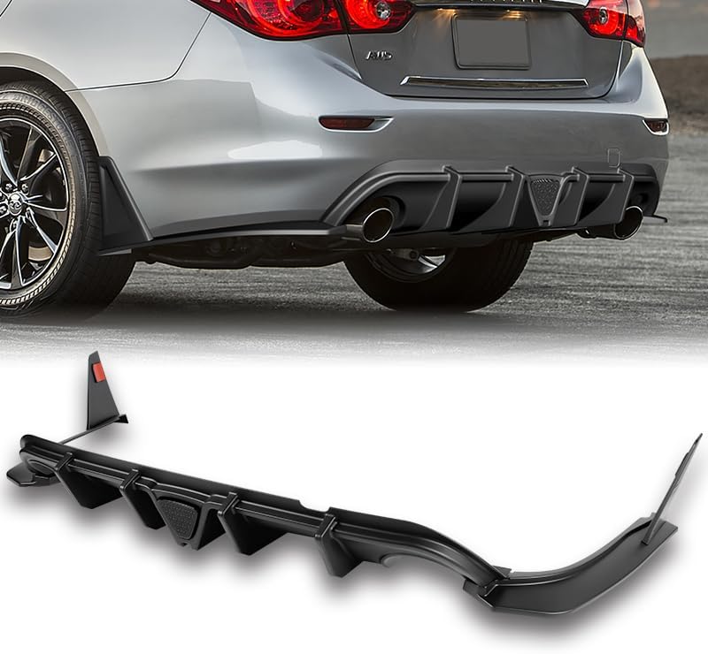 Stay-Tuned Rear Bumper Diffuser Spoiler Lip W/LED Brake Light Compatible with Infiniti Q50 2014 2015 2016 2017, Auto Body Kit Replacement Parts, Car Mods Exterior Accessories (Smoke Lens Brake Light)
