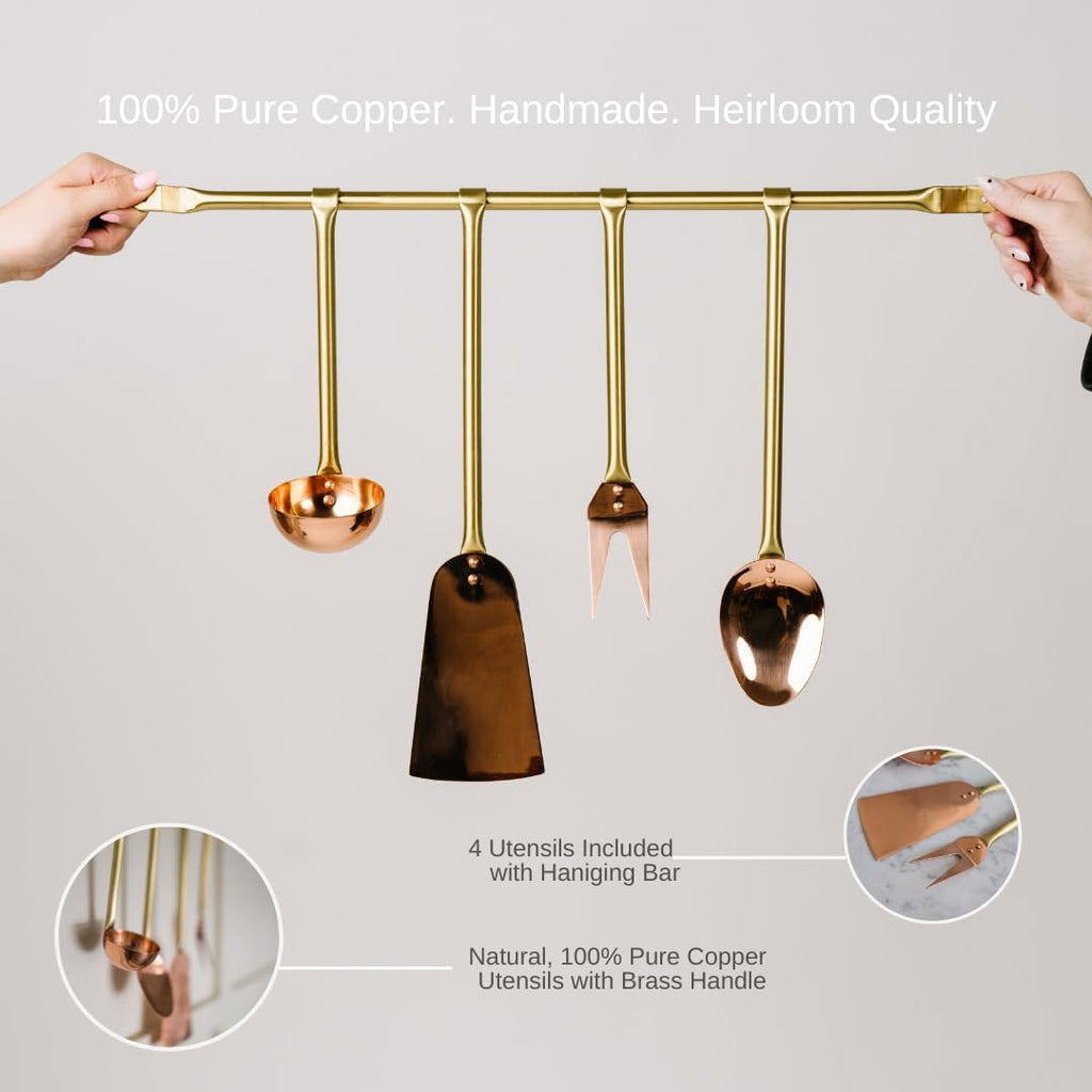 Copper Kitchen Utensils Set with Holder - Cooking Utensils Set Includes Spoon Ladle, Spatula, Fork and Small Ladle - Doubles as a Wall Decor - Perfect Wall Art Aesthetic for Cooking Enthusiasts
