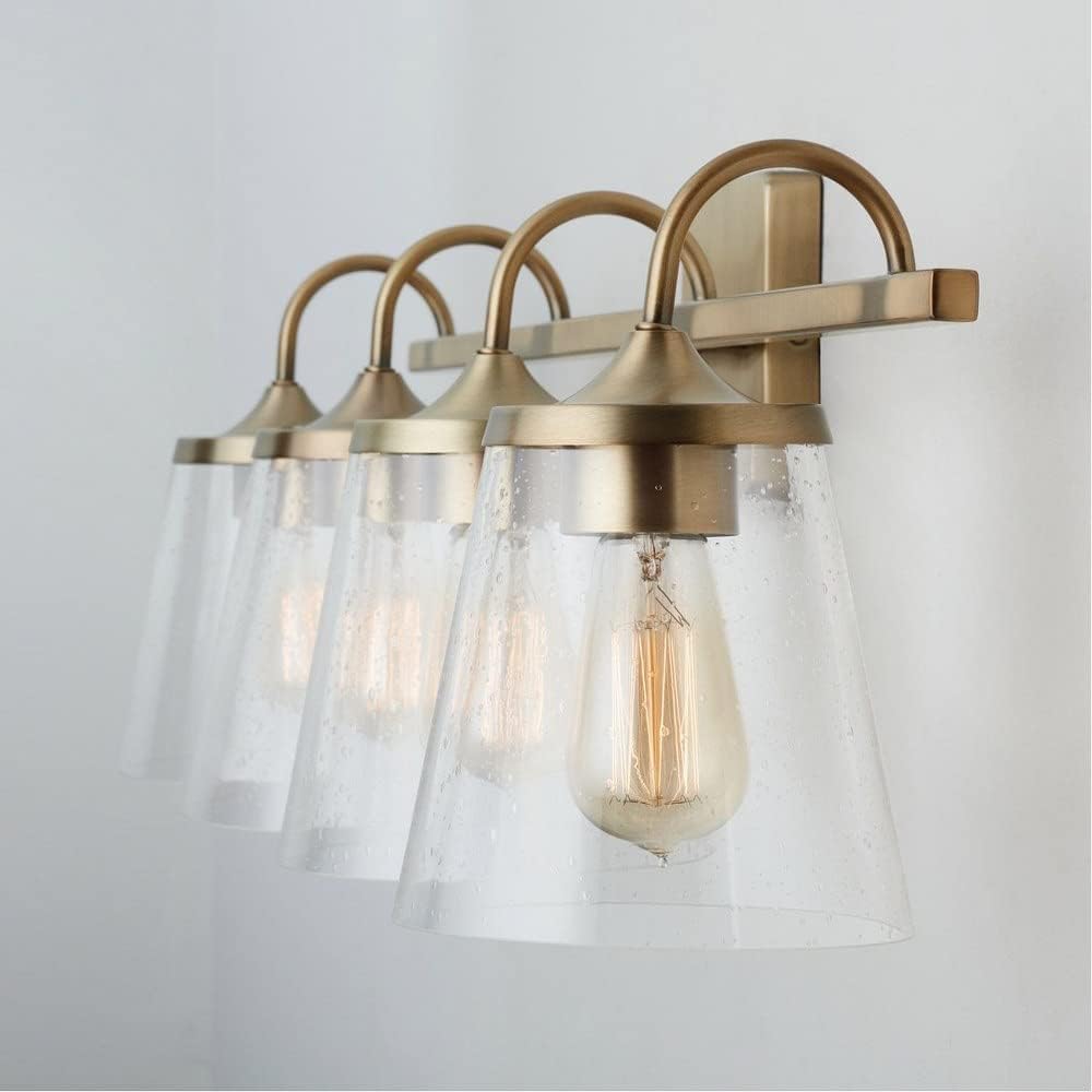Capital Lighting 139142AD-496 Jayne Unique Rectangular Clear Seeded Glass Bath Vanity Wall Mount, 4-Light 400 Total Watts, 11' H x 33' W, Aged Brass