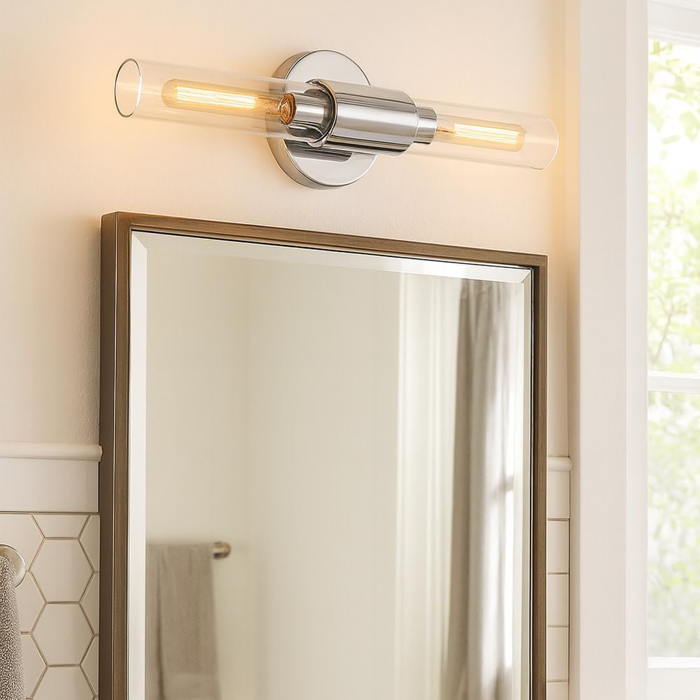 Lark Shea Two-Light Bath Vanity Fixture, Cylindrical Clear Glass Shades, Mount Vertically or Horizontally, Chrome