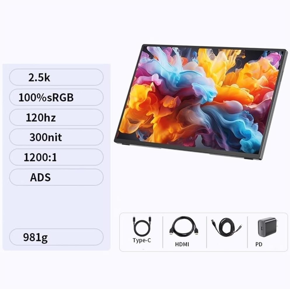 Portable Monitor for Laptop 2.5K Full HD Resolution 120Hz 300nits Laptop External Screen 16 Inch Portable Monitor Portable Gaming Monitor