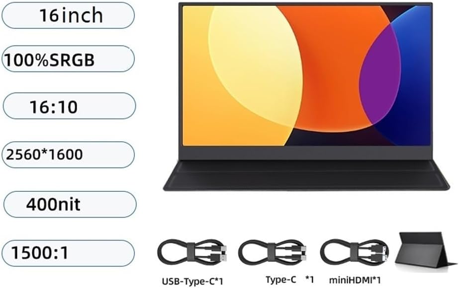 Portable Monitor for Laptop 2.5K IPS Portable Monitor 16 Inch UHD for Laptop 100% sRGB with Speaker USB-C HDMI Screen Portable Gaming Monitor