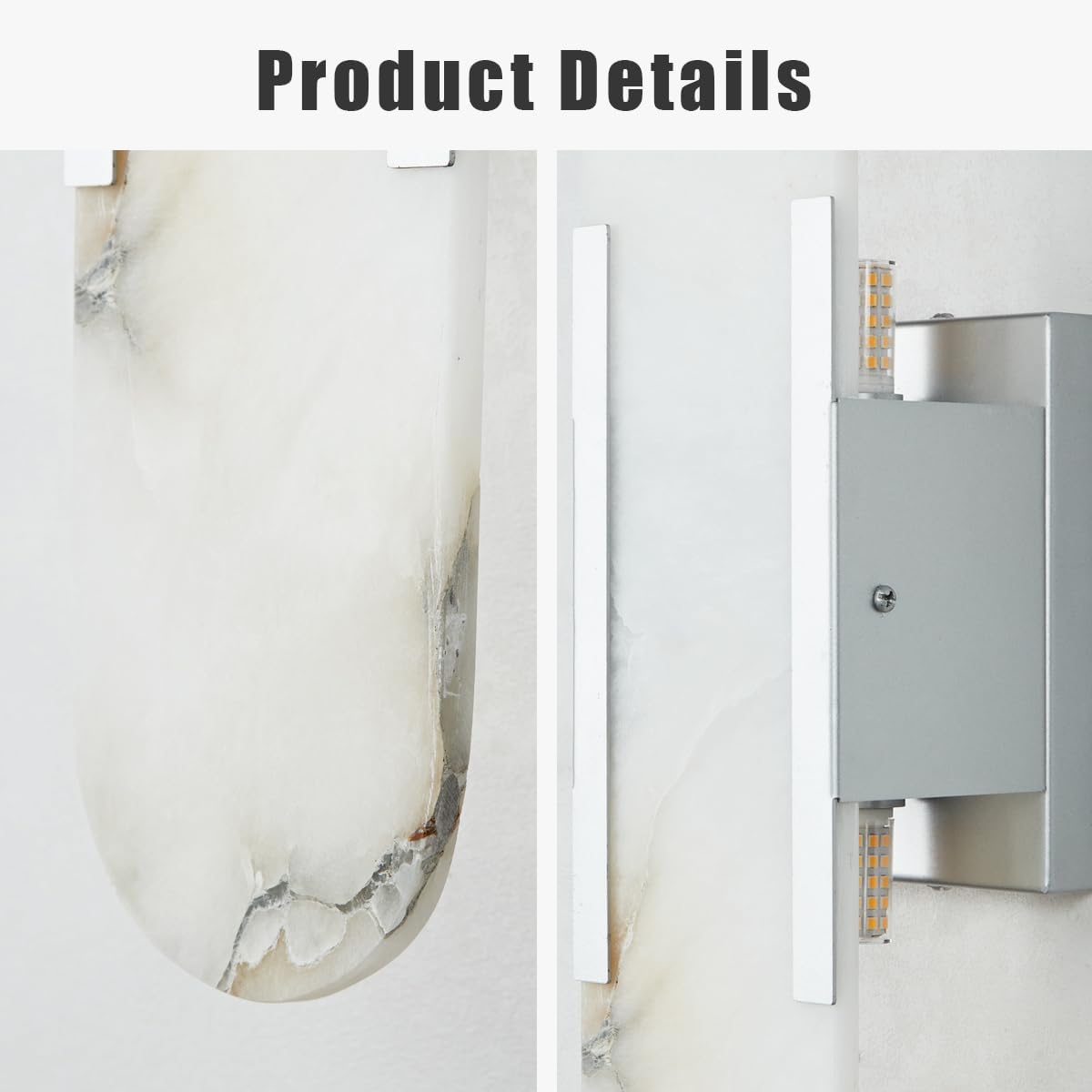 20 Inch Alabaster Wall Sconce, Natural Marble Vanity Light, Unique Natural Stone Texture Light with Premium Metal, White Stone Wall Mount Lamp for Bathroom, Bedroom, Living Room (Brushed Nickel)