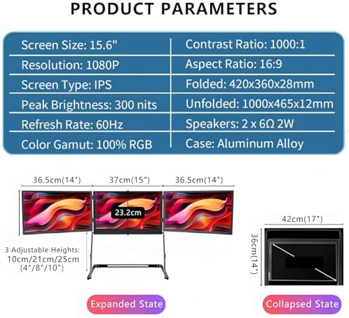 15.6in FHD 1080P Triple Lightweight Monitor,for 13.6' - 17.3' Laptops,Type-C/HDMI/USB-C Plug-Play,for Office