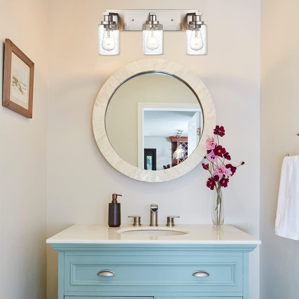Brushed Nickel Bathroom Vanity Light Over Mirror, 3-Lights Metal Wall Lighting Fixtures with Seeded Glass Shades