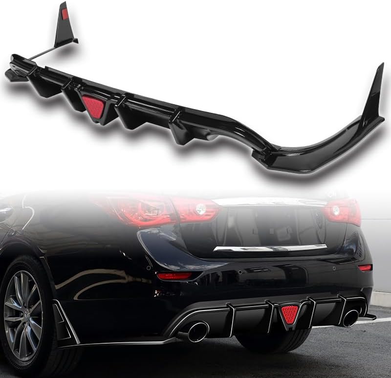 Stay-Tuned Rear Bumper Diffuser Spoiler Lip W/LED Brake Light Compatible with 2014-2017 Infiniti Q50, Auto Body Kit Replacement Parts, Car Mods Exterior Accessories (Painted Black/Red LED)
