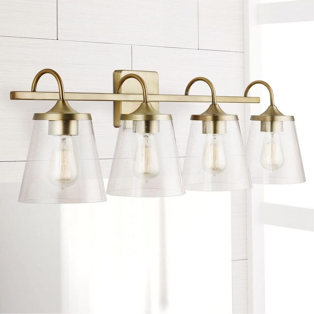 Capital Lighting 139142AD-496 Jayne Unique Rectangular Clear Seeded Glass Bath Vanity Wall Mount, 4-Light 400 Total Watts, 11' H x 33' W, Aged Brass