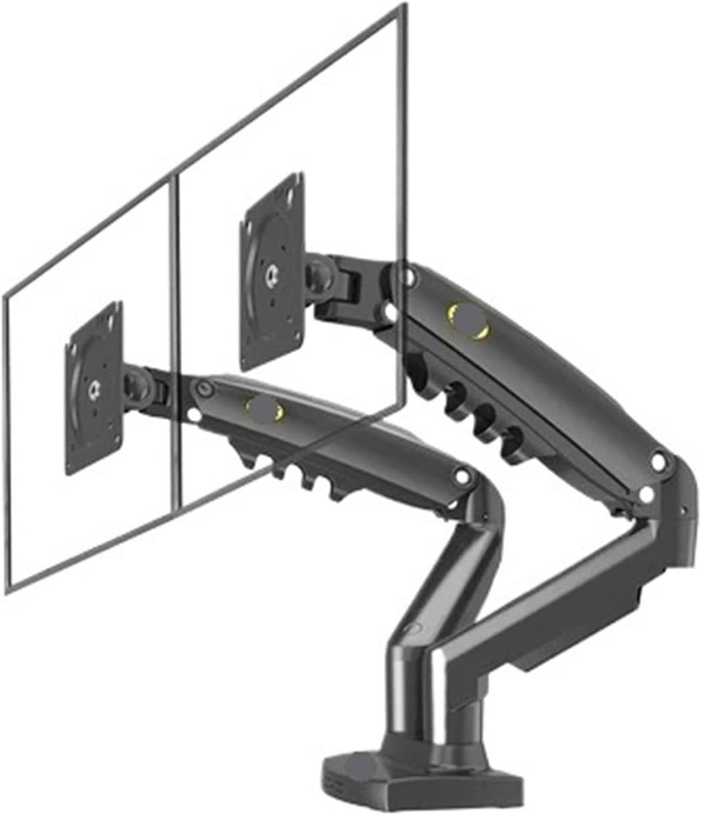 F160 Gas Spring Dual Monitor Stand 10'-27' 360° Rotation Holds 2-9kg Screens Adjustable Height Black Desktop Mount for Optimal Viewing and Ergonomic Setup