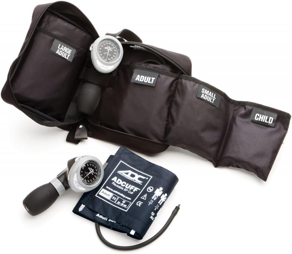 ADC Multikuf 732 4-Cuff EMT Kit with 804 Portable Palm Aneroid Sphygmomanometer, Child, Small Adult, Adult and Large Adult BP Cuffs (13-50 cm), Black Nylon Zipper Storage Case, Muli-Color