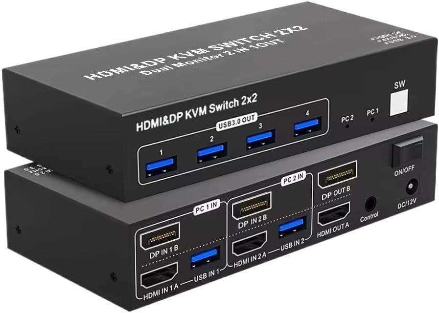 HDMI 2.0 KVM Switch 2X2 HDMI DisplayPort Switcher USB 3.0 Extended Display 4K 60HZ Dual Monitor 2 in 2 Out for Computer(HDMI DP 2X2,AU Power)