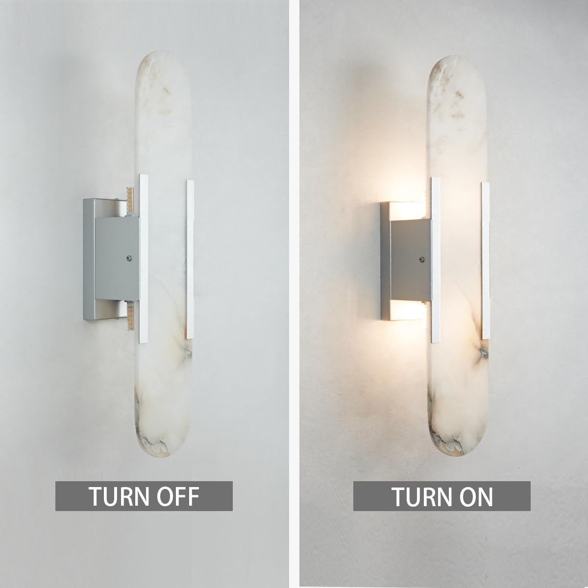 20 Inch Alabaster Wall Sconce, Natural Marble Vanity Light, Unique Natural Stone Texture Light with Premium Metal, White Stone Wall Mount Lamp for Bathroom, Bedroom, Living Room (Brushed Nickel)