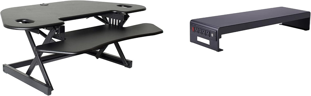 Rocelco 46' Height Adjustable Corner Standing Desk Converter with AC Outlet USB Charger and Dual Stand - Tabletop Computer Riser Workstation - Large Keyboard Tray - Black (R CADRB-46-ACUSB-DMS)