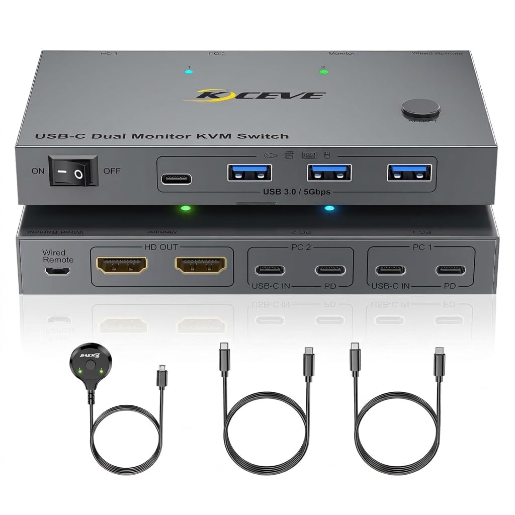USB C KVM Switch for 2 Monitors 2 Laptops, Reyoten Dual Monitor USB Type-C KVM Switcher with PD Charging Function, Supports 4K@60Hz for 2 PCs, No Driver Required
