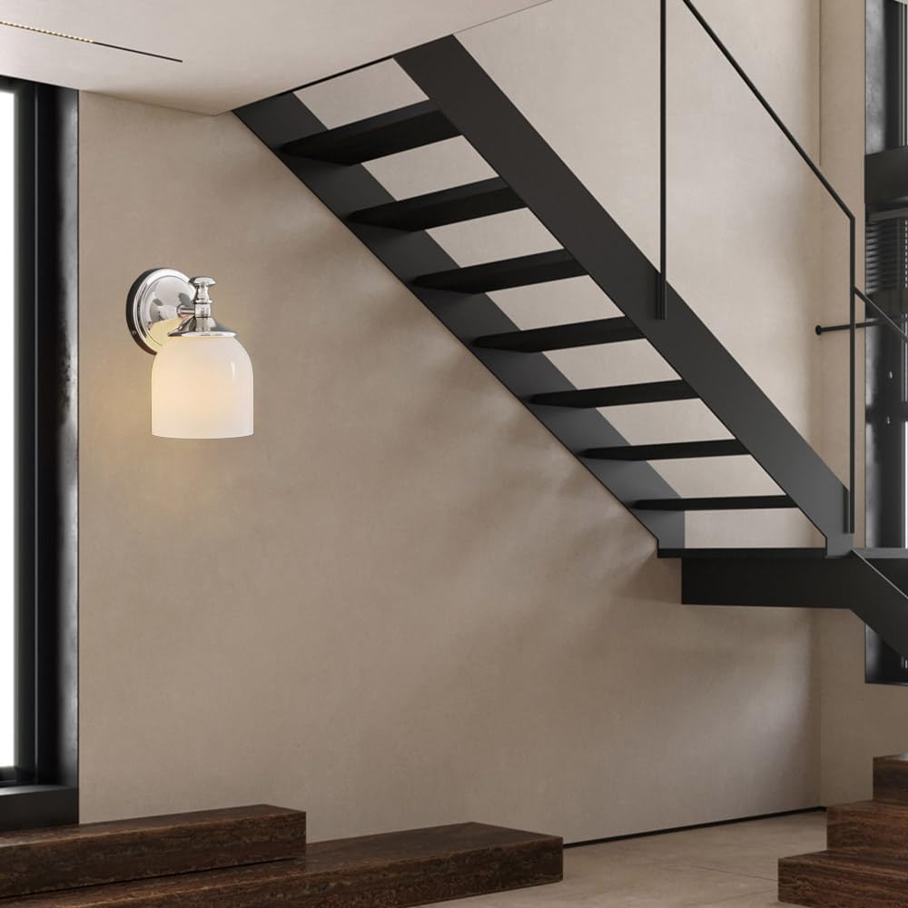 Chrome Bathroom Vanity Light Fixture, Silver Wall Sconce with White Glass Shade, Mid Century Modern Design for Mirror, Hardwired Lighting for Kitchen, Bedroom, Hallway