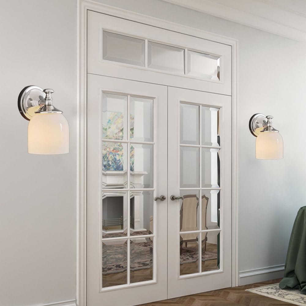 Chrome Bathroom Vanity Light Fixture, Silver Wall Sconce with White Glass Shade, Mid Century Modern Design for Mirror, Hardwired Lighting for Kitchen, Bedroom, Hallway