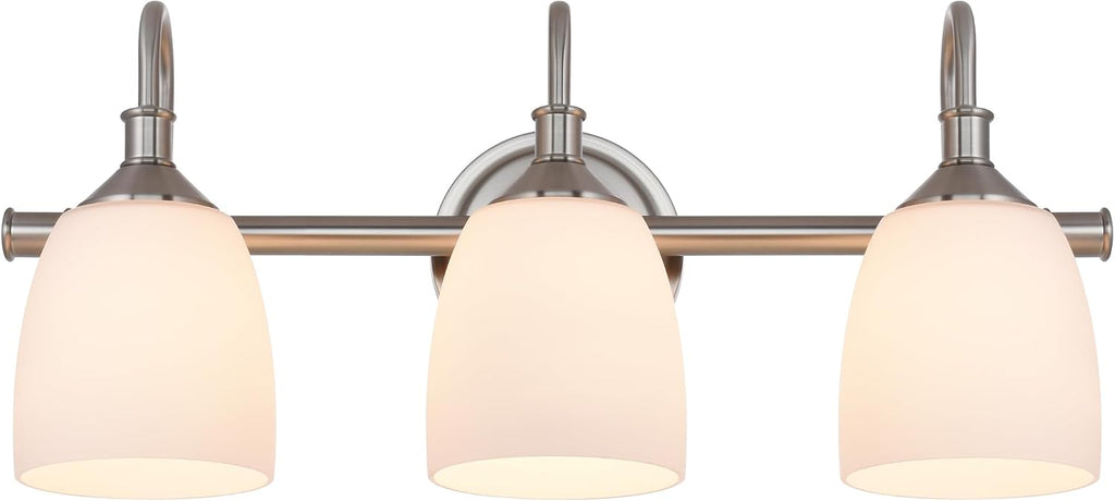 3-Light Bathroom Vanity Light Fixtures Over Mirror, Vintage Vanity Lights for Living Room, Milk White Glass Shades, Standard E26 Base, Brushed Nickel