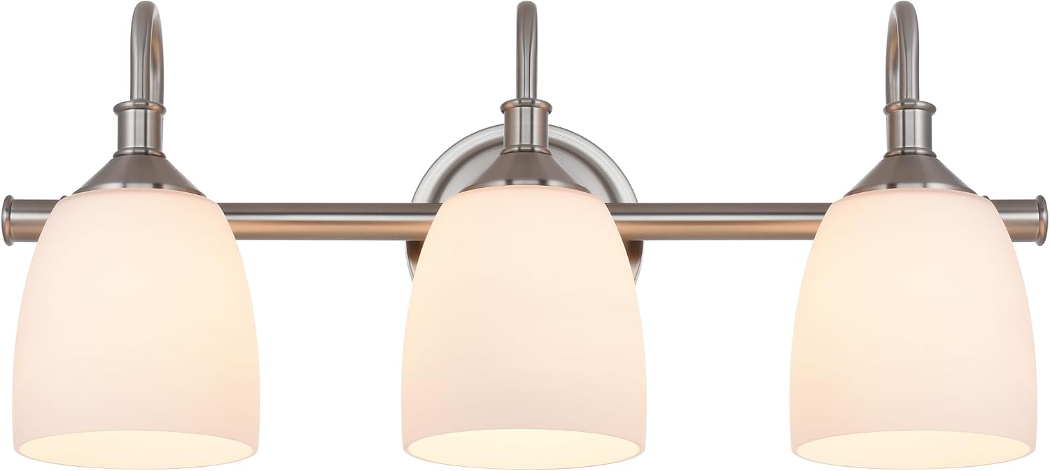 3-Light Bathroom Vanity Light Fixtures Over Mirror, Vintage Vanity Lights for Living Room, Milk White Glass Shades, Standard E26 Base, Brushed Nickel