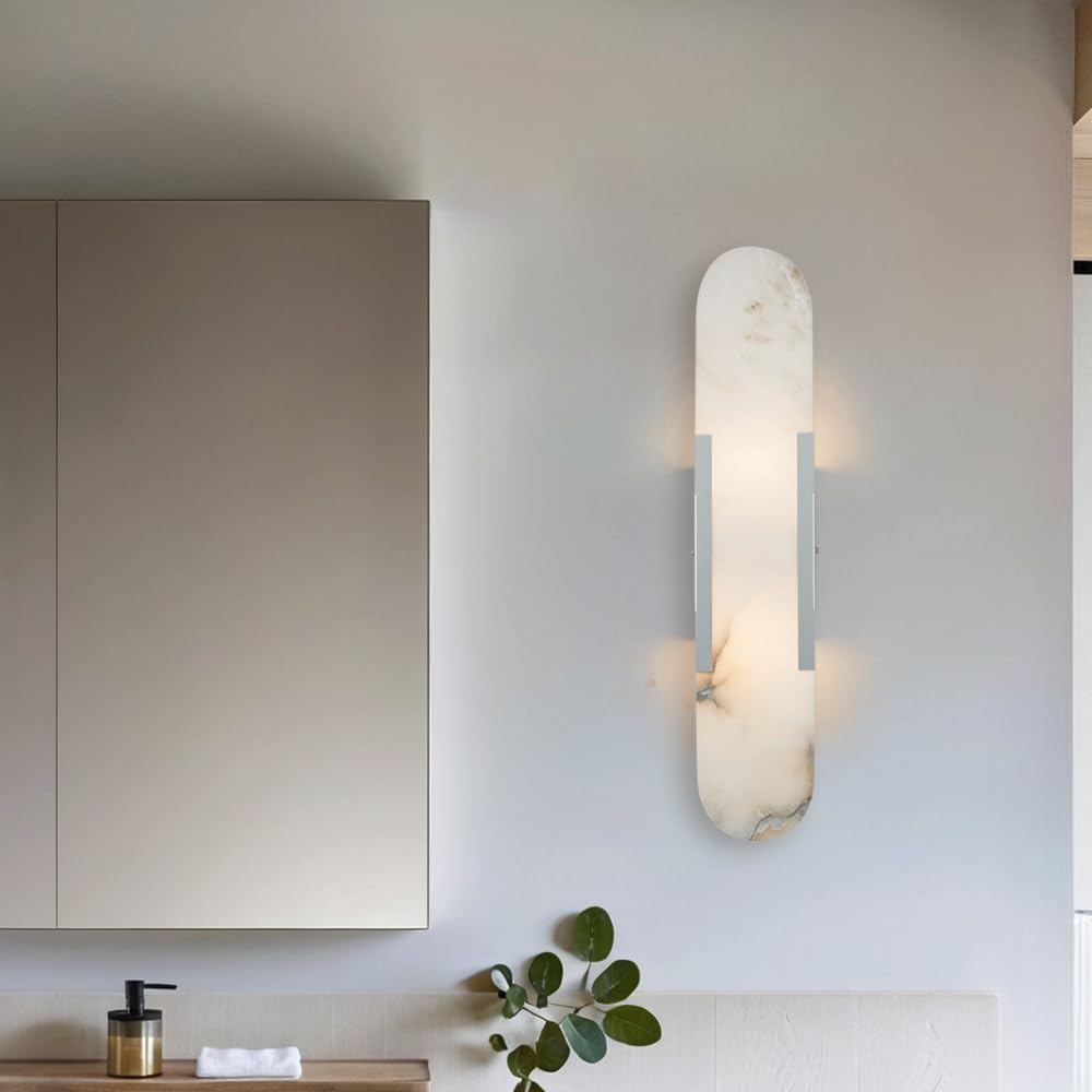 20 Inch Alabaster Wall Sconce, Natural Marble Vanity Light, Unique Natural Stone Texture Light with Premium Metal, White Stone Wall Mount Lamp for Bathroom, Bedroom, Living Room (Brushed Nickel)