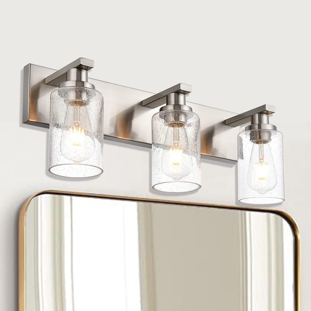 Brushed Nickel Bathroom Vanity Light Over Mirror, 3-Lights Metal Wall Lighting Fixtures with Seeded Glass Shades