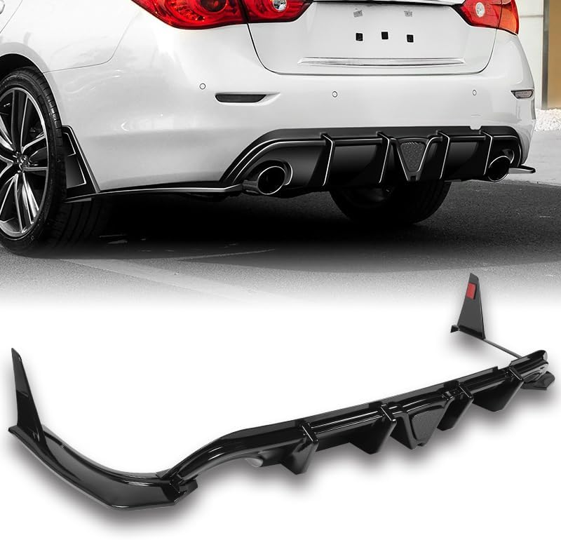 Stay-Tuned Rear Bumper Diffuser Spoiler Lip W/LED Brake Light Compatible with 2014-2017 Infiniti Q50, Auto Body Kit Replacement Parts, Car Mods Exterior Accessories (Painted Black/Smoke LED)